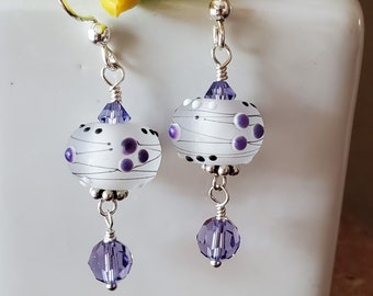 Glass lampwork earrings--Purple dots & white swirls
