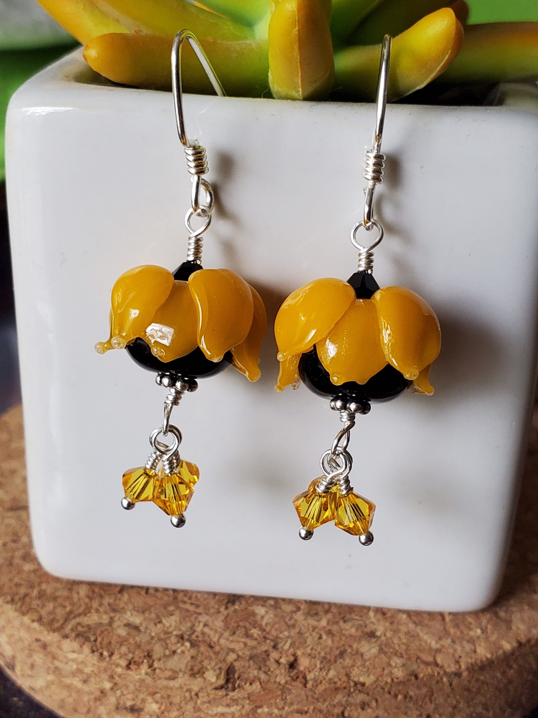 Bellflower--Sunflower glass lampwork earrings