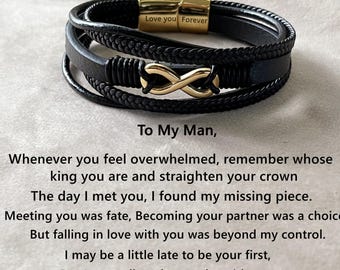 Custom Infinity Leather Bracelet, Personalized Text for Him