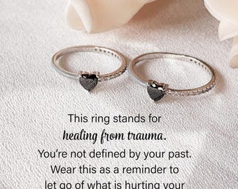 Healing From Trauma Black Heart-Cut Half Enamel Ring,Inspirational Ring,Sterling Silver Wedding Ring,Birthday Gift,Christmas Gift