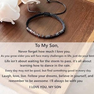 May include: Black and brown beaded bracelet with a sliding knot closure. The bracelet features wooden and silver-toned beads. The text "To My Son" and a loving message are displayed below the bracelet.