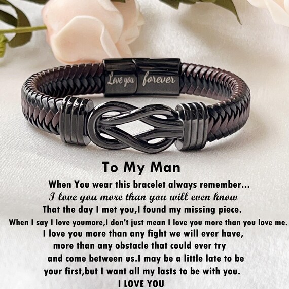 Men's Brown Braided Leather Infinity Knot Bracelet - Engraved "Love You Forever" Gift For Him