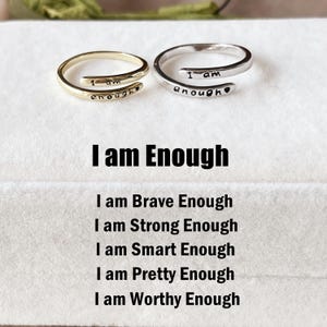 Pierścień „I Am Enough”, pierścień „A Self Reminder-Love Yourself”, regulowany pierścień ze srebra próby 925, prezent dla przyjaciela, prezent na Boże Narodzenie, wyjątkowy prezent, prezent urodzinowy