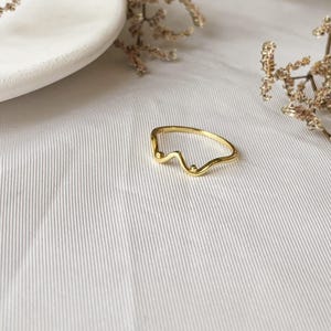 May include: A delicate gold ring with a unique, abstract design. The ring features a wavy line with two small, round accents. The ring is set against a white background with subtle textures and dried floral accents.