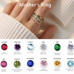 Peut inclure: Une bague dorée ornée de plusieurs pierres précieuses colorées. L'image présente également un tableau avec des pierres précieuses et des mois, chacun avec une signification correspondante. Le texte en haut indique "Mother's Ring".