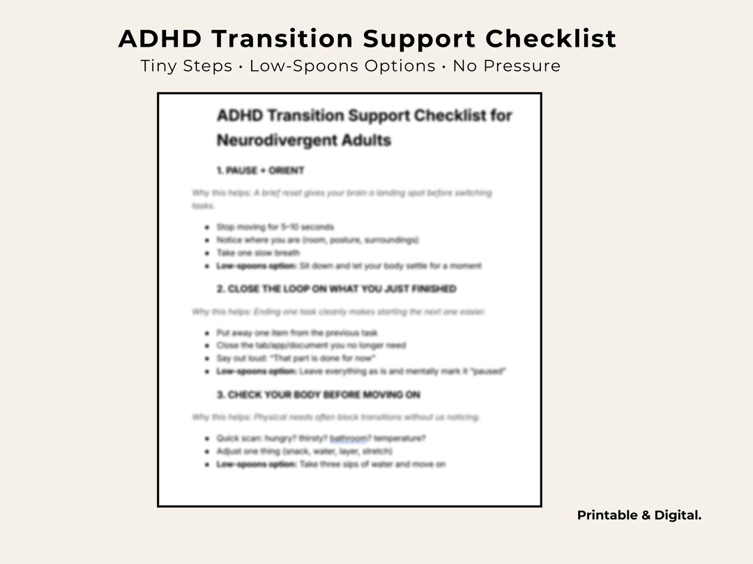 ADHD Transition Support Checklist • Neurodivergent Task Switching ...