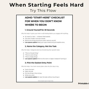 Lista de verificación para empezar con el TDAH, ayuda para la disfunción ejecutiva, lista de tareas para sentirse abrumado, guía para empezar, PDF imprimible sobre el TDAH