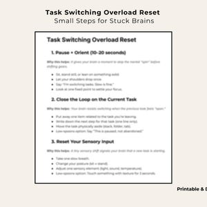Op de afbeelding: Een afdrukbare en digitale gids getiteld "Task Switching Overload Reset" met stappen voor "Stuck Brains". De gids bevat instructies voor pauzeren, het sluiten van de lus op taken en het resetten van sensorische input. De tekst is zwart op een witte achtergrond.