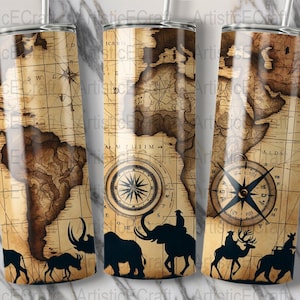 Envoltorio para vaso con mapa del mundo vintage, diseño de sublimación de vaso delgado con temática de viajes, brújula y vida silvestre, ideal para regalo de aventura.