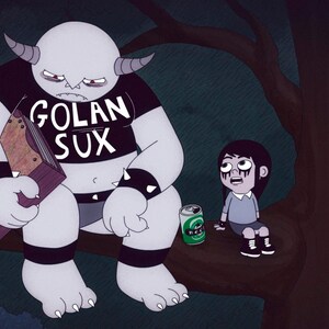 Puede incluir: Una ilustraci&oacute;n de dibujos animados de un monstruo grande, gris, peludo con cuernos que lleva una camiseta negra que dice "Golan Sux" y pantalones negros sentado en una rama de &aacute;rbol con un libro. Una ni&ntilde;a de dibujos animados m&aacute;s peque&ntilde;a con cabello negro y una camisa azul est&aacute; sentada en la rama junto al monstruo.