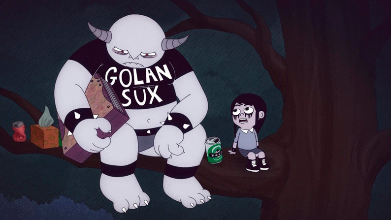 Puede incluir: Una ilustraci&oacute;n de dibujos animados de un monstruo grande, gris, peludo con cuernos que lleva una camiseta negra que dice "Golan Sux" y pantalones negros sentado en una rama de &aacute;rbol con un libro. Una ni&ntilde;a de dibujos animados m&aacute;s peque&ntilde;a con cabello negro y una camisa azul est&aacute; sentada en la rama junto al monstruo.
