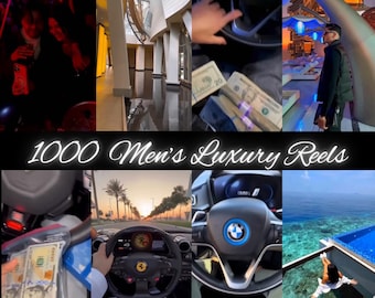 May include: A digital collage featuring eight distinct scenes including a nightclub, modern architecture, stacks of US dollar bills, a luxury car interior with a BMW steering wheel, a Ferrari dashboard, and a person swimming in a pool.