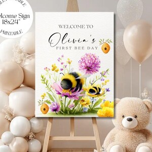 First Bee Day Welcome Sign: Boho Watercolor 1st Birthday (Canva Editable, Digital Download