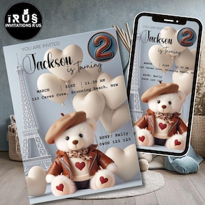 Einladung zum 2. Geburtstag | Französisches Teddybär-Thema Printable Bearbeitbar | personalisiert in Canva | Süßer & eleganter Boho-Stil | Drehen Zwei