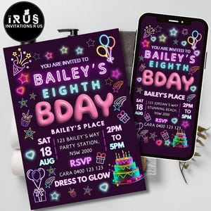 Invito di compleanno al neon / Invito digitale per festa luminosa / Modello Canva modificabile / Design per festa di ballo, discoteca e salti / Qualsiasi età / USA, Regno Unito, Australia