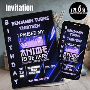 Neon Anime Birthday Party Invitation | Editable Purple Canva Template | Printable Digital Invite for Boys & Girls of Any Age