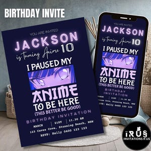 Anime Birthday Invitation, Digital and Printable, Editable Party Template, Any Age, Boy or Girl, Teen and  Kids Birthday Decor Personalised