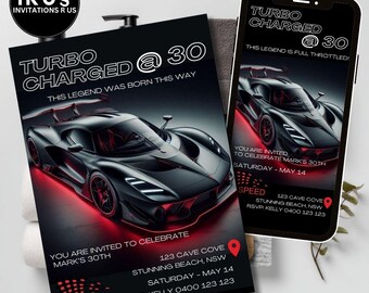 30th Birthday Invitation for Men Supercar Theme, Editable Canva Template (Digital & Printable)