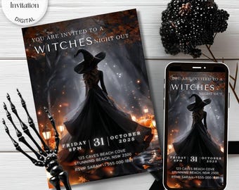 Puede incluir: Una tarjeta de invitación de Halloween y una pantalla de smartphone con el mismo diseño, mostrando una bruja con vestido negro en un bosque oscuro. El texto dice: YOU ARE INVITED TO A WITCHES NIGHT OUT, FRIDAY 31 OCTOBER 2025, 123 CAVES BEACH COVE.