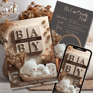 Invitación para baby shower con osito beige de género neutro / Diseño bohemio minimalista / Plantilla digital personalizable e imprimible / Canva editable