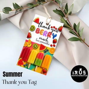 Etichetta regalo estiva "Grazie Berry Much" - Etichetta regalo estiva con ghiacciolo e frutta / Insegnante, compagno di classe, modello Canva modificabile / Fine della scuola, bomboniera per le vacanze