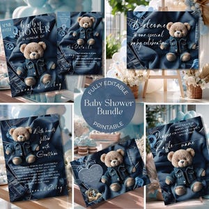 Denim Teddy Bear Baby Shower Invitation Bundle: Editable, Printable (Digital Download)