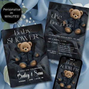 Baby Boy Baby Shower Invitation for Busy Moms Blue Denim Teddy Bear Theme Editable Canva Invite Set Instant Download