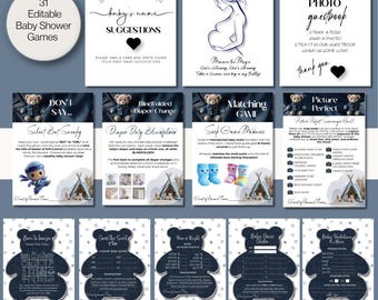 Baby Shower Games Bundle Denim Teddy Bear for Baby Boy Templates Printable  and Editable Party Celebration for Busy Moms