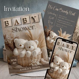 Invito per baby shower Boho beige neutro per gemelli / Design minimalista con orsetto / Stampabile e modificabile / Invito per baby shower Bearly Wait