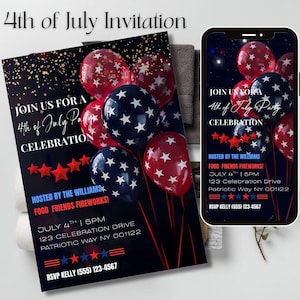 Invito per il 4 luglio / Invito digitale e stampabile / Invito per festa patriottica / / Barbecue per il giorno dell'indipendenza degli Stati Uniti / Modello Canva modificabile