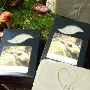 May include: Two bars of handmade soap in black boxes with a green and white nature scene on the front. The soap is a light green color and has a heart-shaped design with the letter "J" in the center. The text on the box reads "Irish Moss French Green Clay" and "Heartfelt Creations by J.com".