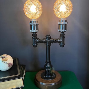 Gas light inspired industrial pipe touch dimmer lamp with Edison LED | Rustic farmhouse desk, bedside, or office lighting