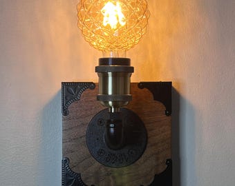 Victorian Plug-In Wall Sconce: Black Iron Pipe & Walnut with Champagne Gold Socket