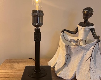 Industrial Iron Pipe Table Lamp, Matte Black Steampunk Desk Decor