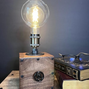 Steampunk industrial dimmable Edison bulb table lamp: walnut & pipe design vintage decor | Farmhouse rustic office, desk, bedside lighting