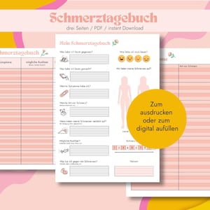 Sjabloon voor pijndagboek (Duits), chronische pijntracker, symptoomkaart, digitaal boek, direct te downloaden, dagelijks, protocol
