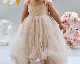 Desert Sand Fairy Flower Girl Dress, First Birthday Dress, Baby Cake Smash Outfit, Unique 1st Bday Dress, First Communion Gown, Blush Taupe