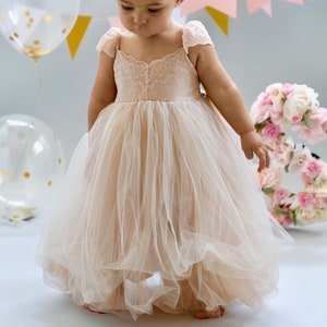 Desert Sand Fairy Flower Girl Dress, First Birthday Dress, Baby Cake Smash Outfit, Unique 1st Bday Dress, First Communion Gown, Blush Taupe