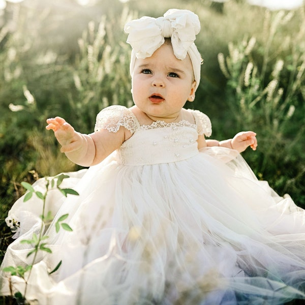 Off White Baptism Dress For Baby Girl, Christening Gown, Smash The Cake Outfit, Ivory Flower Girl Dress, First Birthday Dress, Photoshoot