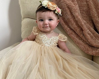 Gold Champagne Flower Girl Dress Dresses Girls 1st Birthday Outfit Tulle Tutu Baby Infant Toddler Photoshoot Baby Shower Gown Newborn