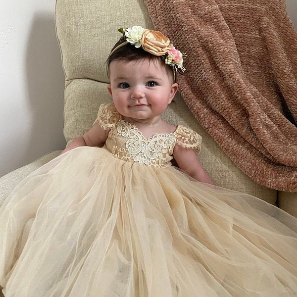 Gold Champagne Flower Girl Dress Dresses Girls 1st Birthday Outfit Tulle Tutu Baby Infant Toddler Photoshoot Baby Shower Gown Newborn