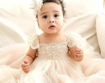 Baptism Dress Christening Gown Cake Smash Outfit Ivory Flower Girl dress 1st Birthday Baby Girl Outfit Off White Blush First Bday Infant