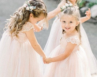 Blush Pink  Flower Girl Dress Silk Like Tulle Dresses For Baby Shower Princess Fairy Full Girls 1st Birthday First Communion S7