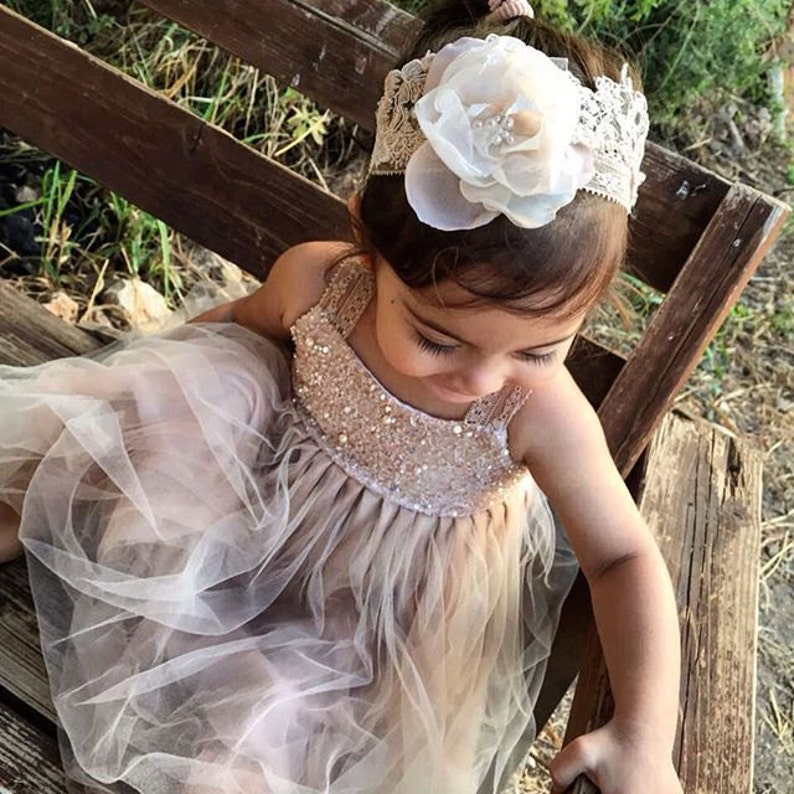 White over Blush Flower Girl Dress Beaded Lace Tulle Dresses For Baby Girls Princess First Communion Christening Baptism Infant 1st Birthday image 1