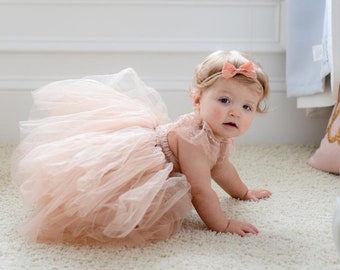 Cake Smash Outfit Champagne Peach Flower Girl Dress First Birthday Outfit Gown Infant Baby Photoshoot Baptism Christening Granddaughter Gift
