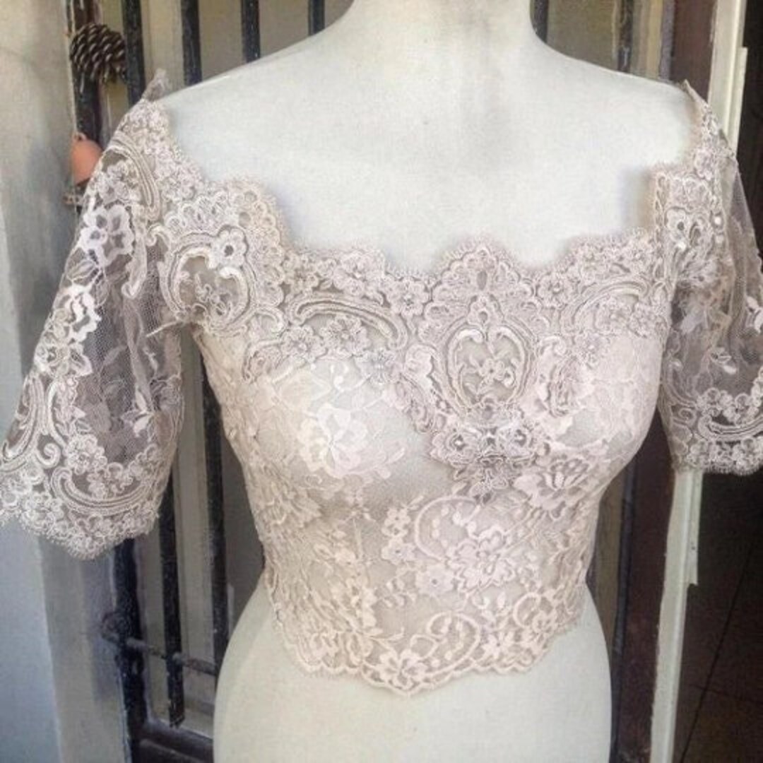 BARILOCHE off the Shoulder Bridal Lace Top, Ivory Long Sleeve Wedding ...