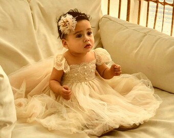 Baptism Dress Christening Gown Cake Smash Outfit Ivory Flower Girl dress 1st Birthday Baby Girl Outfit Off White Blush First Bday Infant