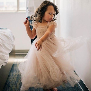RUE DEL SOL Coral flower girl dress French lace and silk like tulle dress for baby girl blush princess dress blush  tutu dress