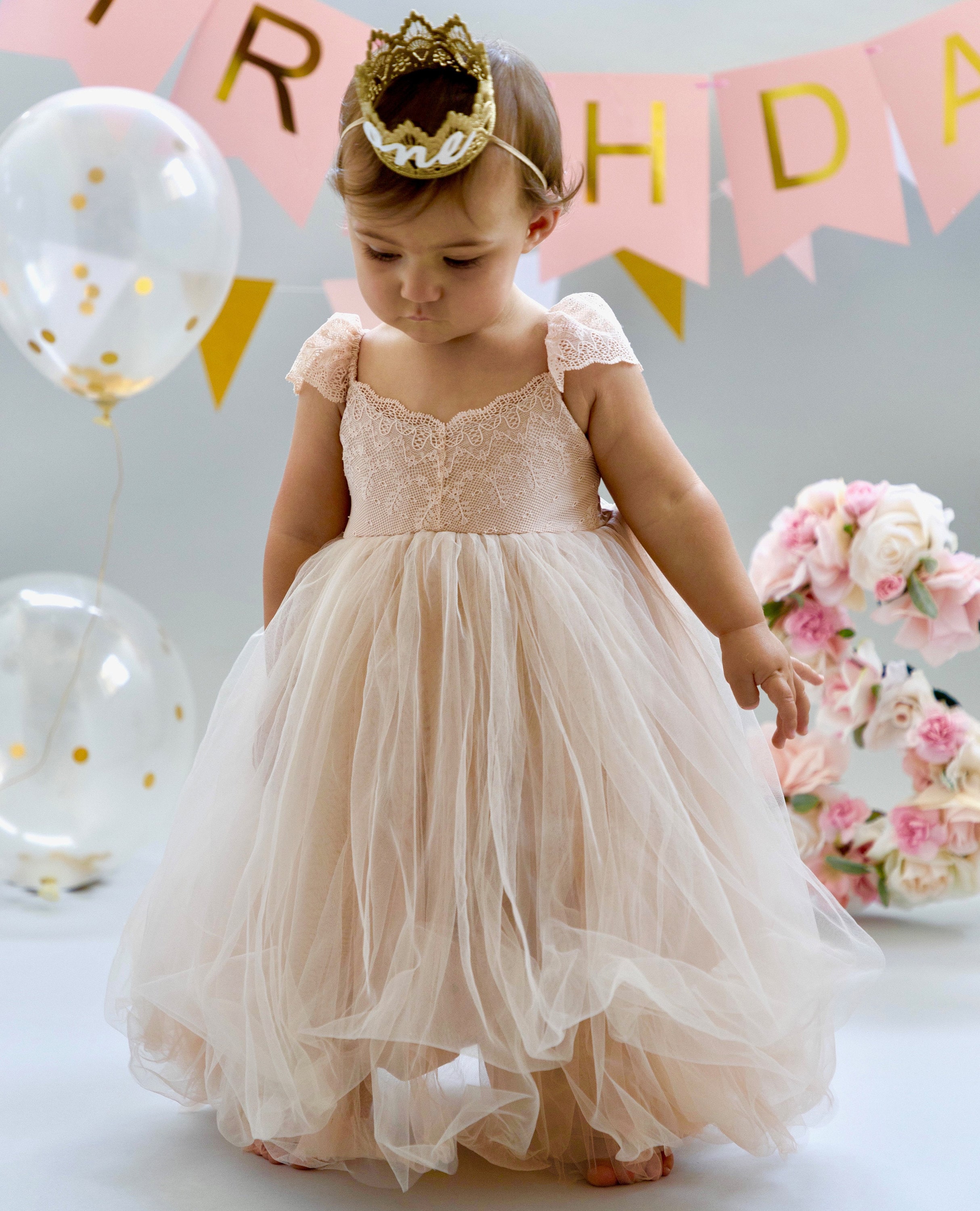 CHAMPAGNE TODDLER FLOWER GIRL DRESS PARTY WEDDING 2/3T 4/4T 5T 6 7 8 10 12 14 16 