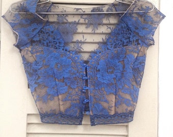 Versalles Collection 2023 Indigo color Chantilly Lace Lace Top Blue Lace top Turquoise Lace Blouse Bridal Bolero Jacket